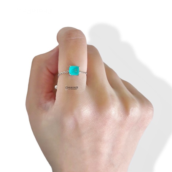 Turquoise Blue chain ring Sterling Silver925 crystal square accessory ADJUSTABLE - Picture 5 of 5
